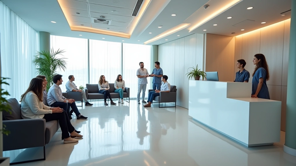 Professional healthcare clinic waiting room with modern furniture, welcoming reception desk, diverse patients checking in, bright natural lighting, clean contemporary medical office environment