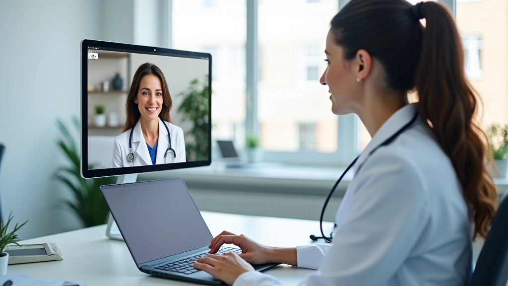 Female doctor conducting telehealth video consultation on laptop in modern clinical office, patient visible on screen, profes