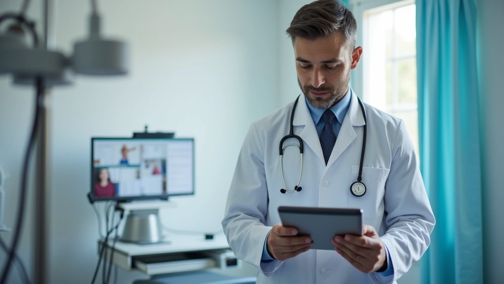 Male healthcare provider reviewing patient medical records on tablet computer in examination room, stethoscope visible, profe