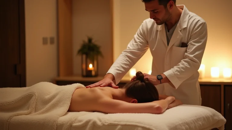 Serene spa treatment room with professional massage therapist performing therapeutic massage on client in upscale wellness resort setting, soft lighting and peaceful atmosphere