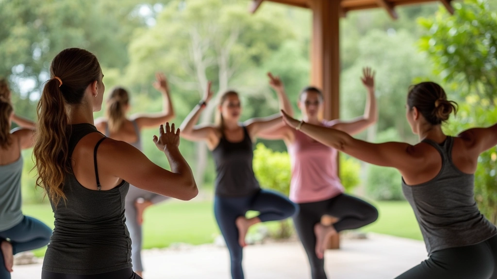 Diverse guests participating in outdoor fitness class at luxury wellness resort with scenic grounds, instructor leading group