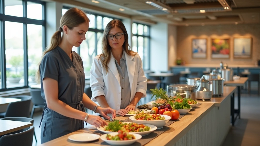 Modern resort dining area with healthy nutritious meals displayed, registered dietitian consulting with guest about meal plan