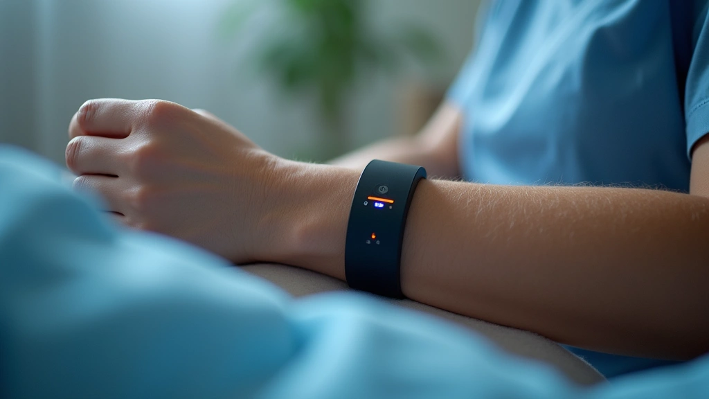 Close-up of a patients forearm wearing a sleek medical wearable device with LED indicators, showing the device in clinical us
