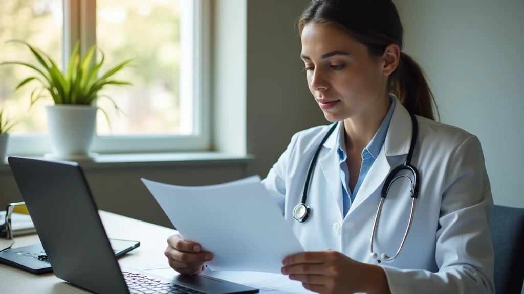 Professional woman reviewing health insurance documents on laptop in modern healthcare office setting with soft natural light