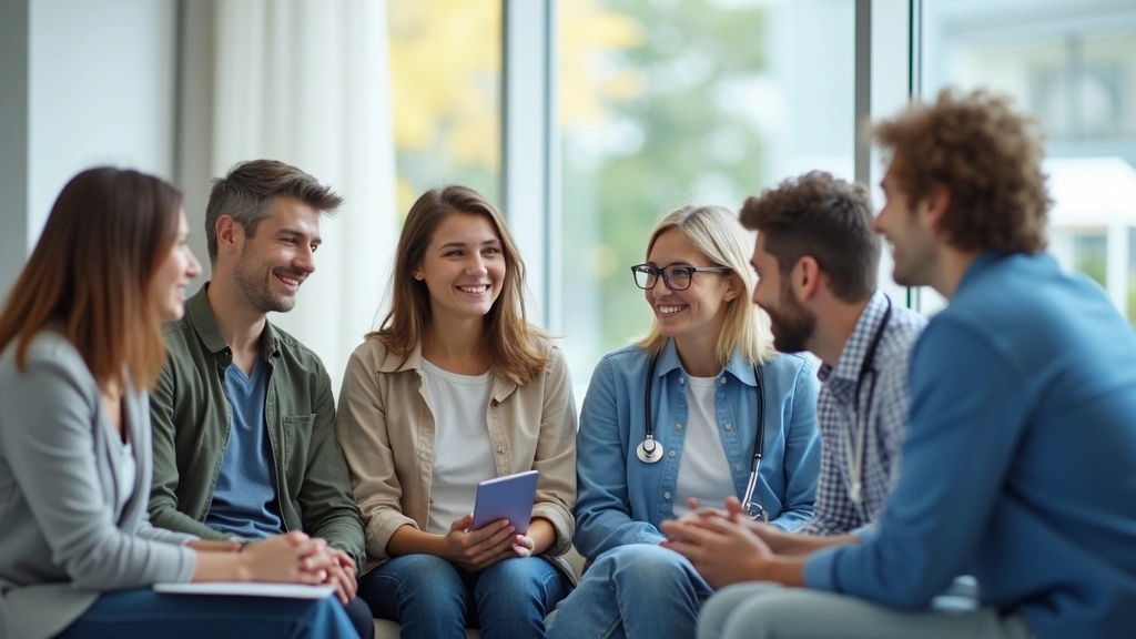 Diverse group of people in medical clinic waiting area, showing various ages and backgrounds, bright clean healthcare facilit
