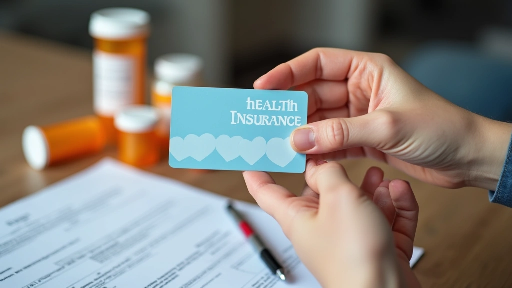 Close-up of hands holding health insurance card and prescription medications in home setting with medical paperwork visible