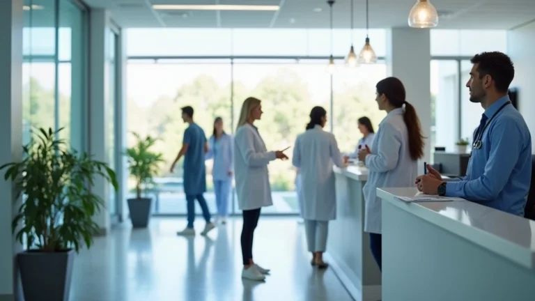 Professional medical office reception area with diverse patients checking in, bright modern healthcare facility, welcoming atmosphere, no text or signage visible