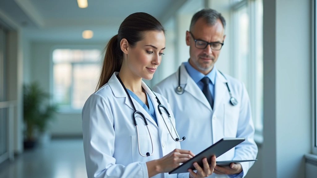 Healthcare provider in white coat reviewing patient chart on digital tablet in clinical setting, professional medical environ