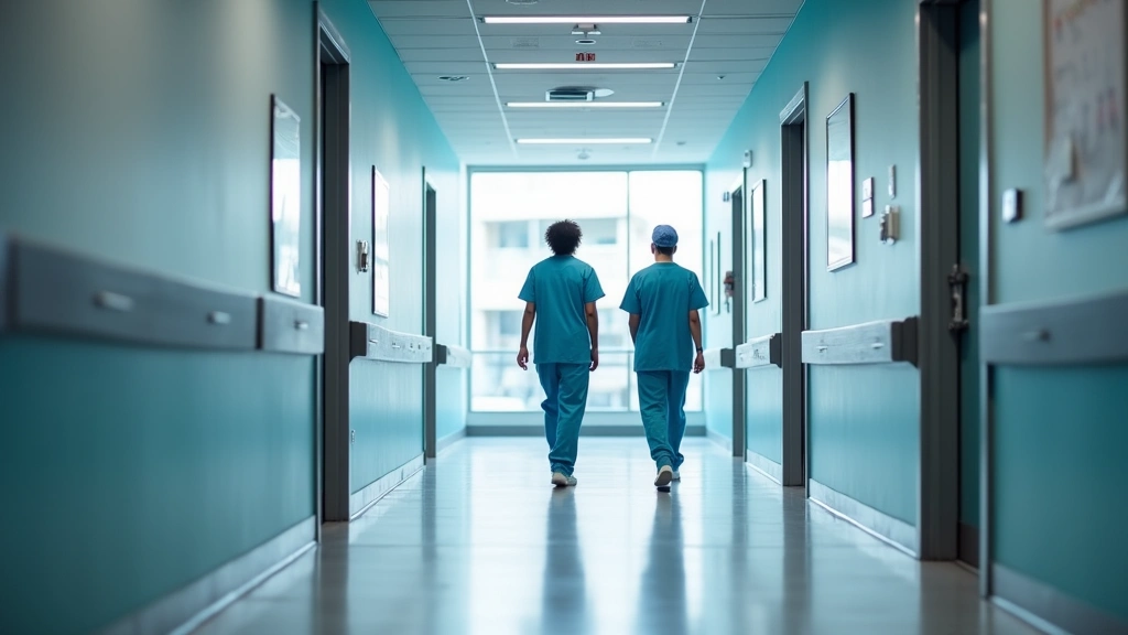 Modern hospital corridor with medical staff in scrubs walking, clean contemporary healthcare facility interior, professional 