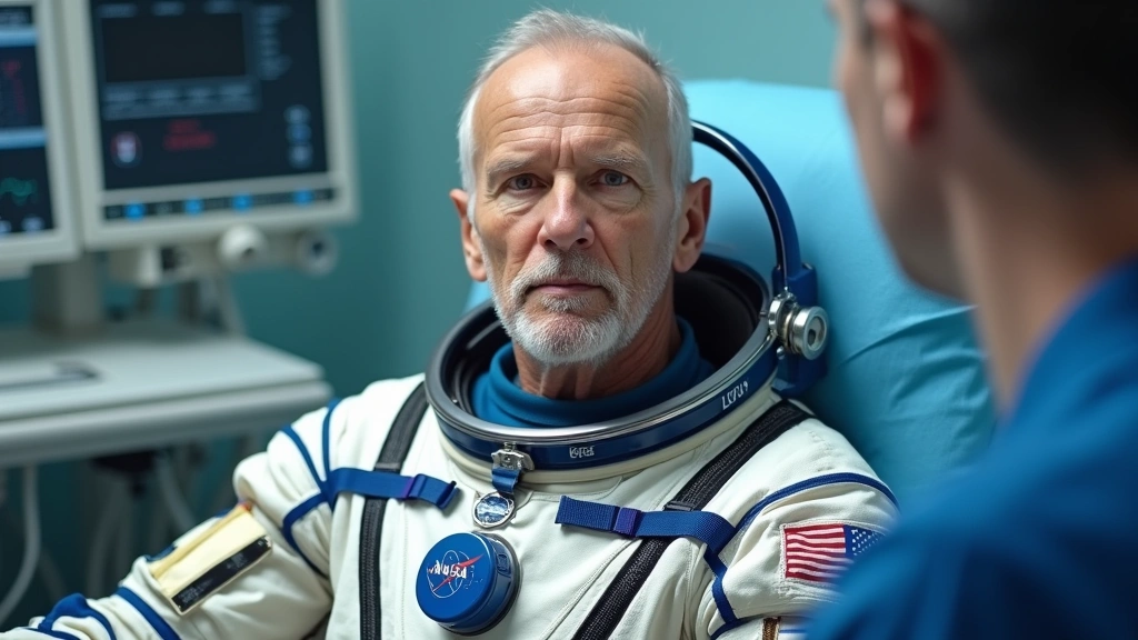 Retired NASA astronaut in formal space suit during medical examination, professional healthcare setting with monitoring equipment, serious expression, authentic space program imagery