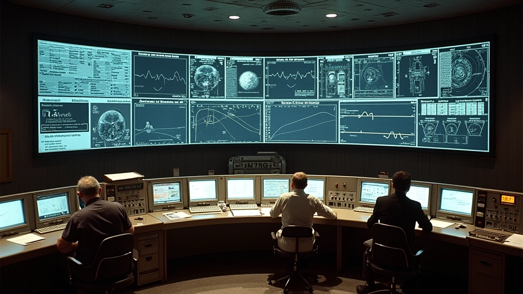 Apollo-era mission control center with medical monitoring displays, multiple screens showing vital signs data, NASA personnel
