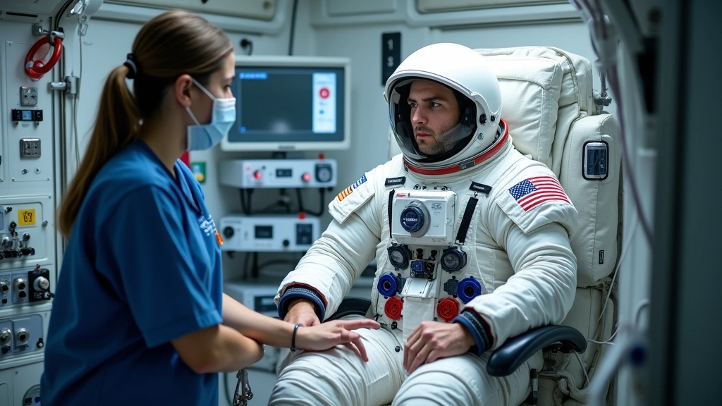 Astronaut in spacecraft cabin undergoing health assessment with medical instruments, microgravity environment, NASA medical s