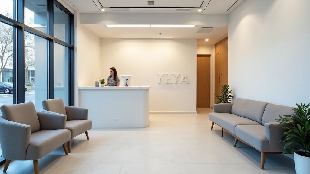 Professional medical clinic interior with modern waiting area, comfortable seating, clean white walls, healthcare staff at reception desk, warm lighting, no text visible