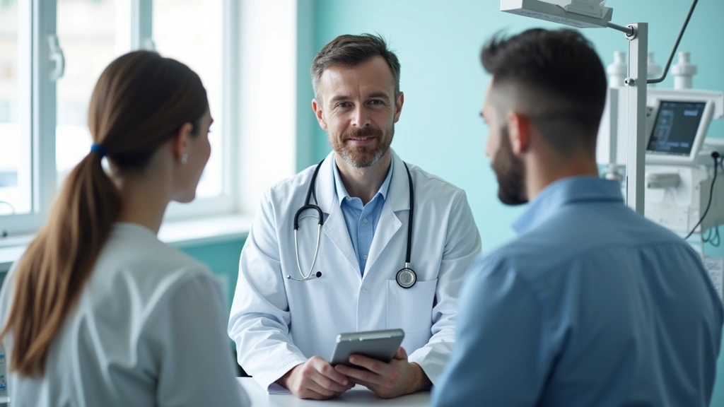 Doctor in white coat consulting with patient in clinical exam room, modern medical equipment visible, professional healthcare