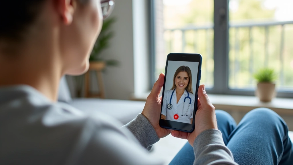 Patient using mobile healthcare app on smartphone in home setting, relaxed posture, modern apartment background, bright natur