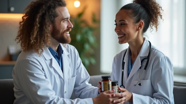 Professional healthcare provider consulting with patient about heart health supplements in modern medical office, warm lighting, patient holding supplement bottles