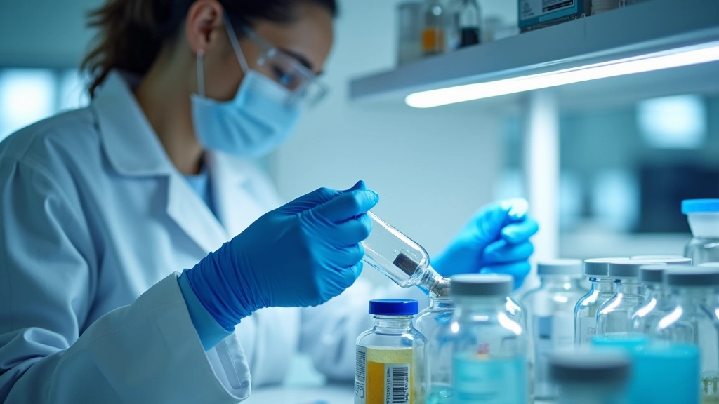 Laboratory technician performing quality testing on supplement bottles with scientific equipment, professional pharmaceutical