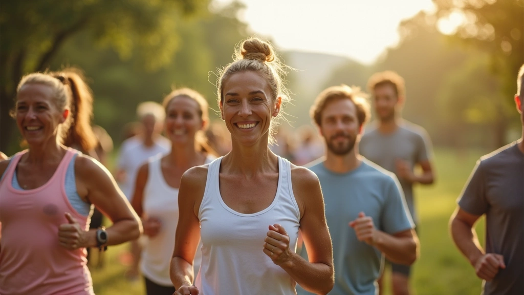 Diverse group of people exercising outdoors with healthy food visible, representing holistic cardiovascular health approach b