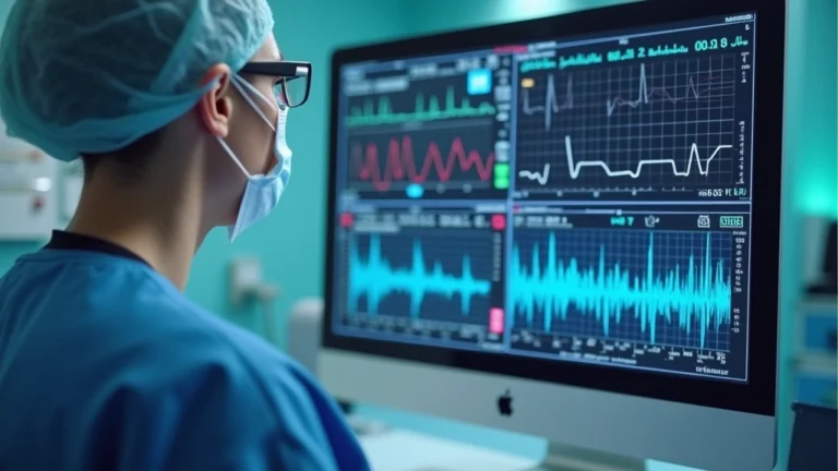 Healthcare provider in clinical setting reviewing patient vital signs on digital dashboard, professional medical office environment, no text visible