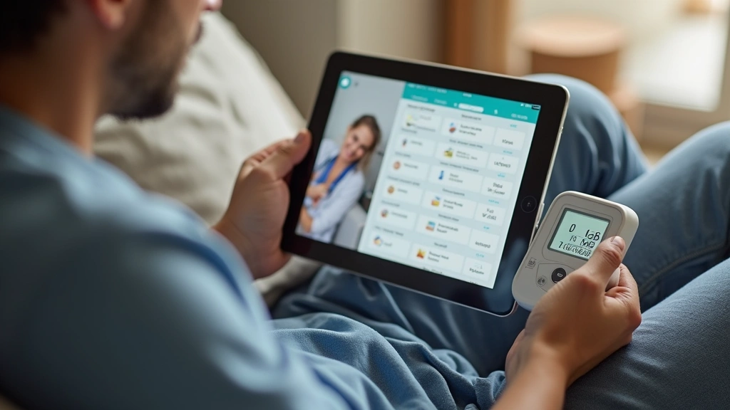 Patient at home using blood pressure monitor connected to telehealth platform on tablet, comfortable home setting with medica