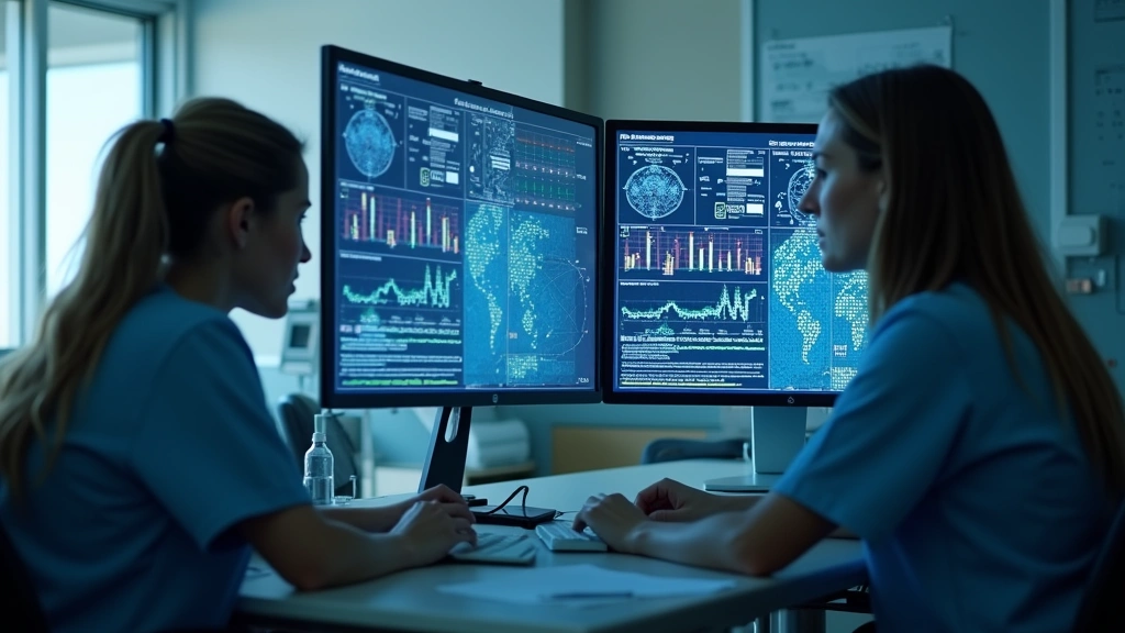 Care coordination team in hospital reviewing remote patient data on multiple monitors, collaborative clinical environment, no