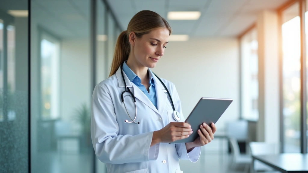 Professional female healthcare provider in white coat reviewing medical records on tablet in modern clinic office with natural lighting