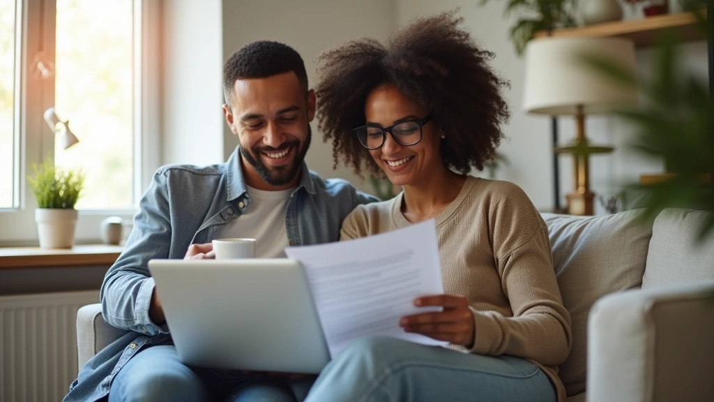Young diverse couple reviewing health insurance documents together at home on laptop with coffee, bright natural window light