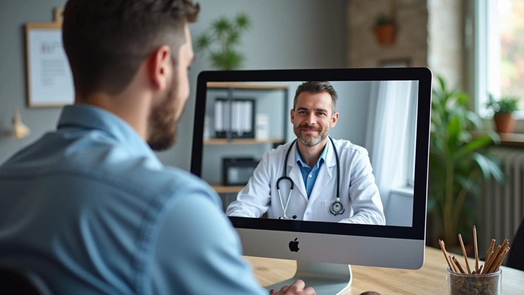 Male patient having virtual telehealth consultation on computer screen with healthcare provider, home office setting with pro