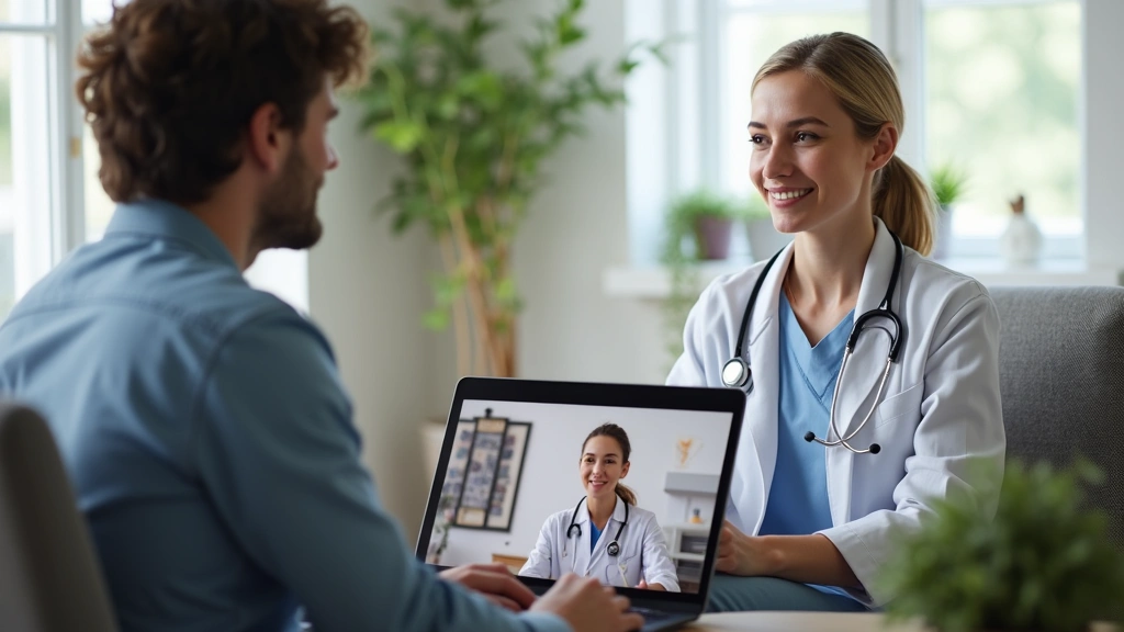 Patient sitting at home on laptop video call with female doctor wearing stethoscope, bright natural lighting, professional medical setting visible on screen, calm relaxed atmosphere