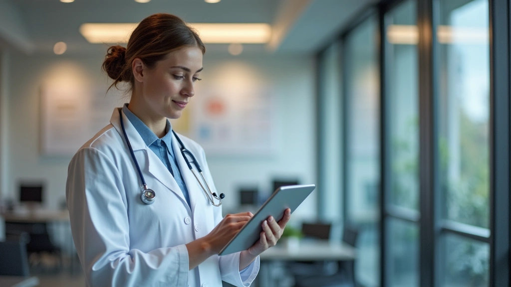 Healthcare provider in white coat in modern clinic office reviewing patient notes on computer tablet, warm professional light