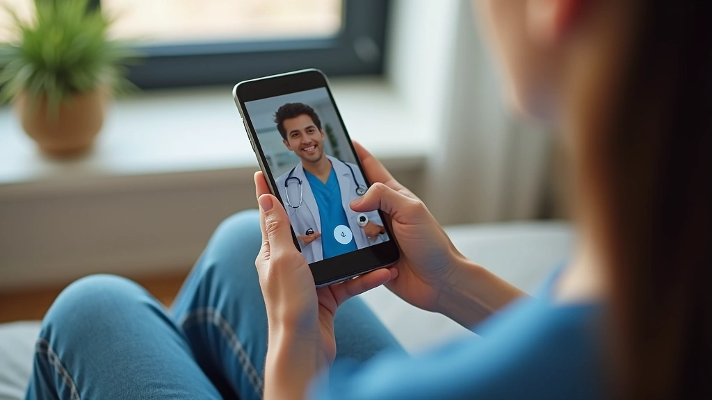 Person holding smartphone showing virtual doctor consultation interface, sitting in comfortable home environment, clear video