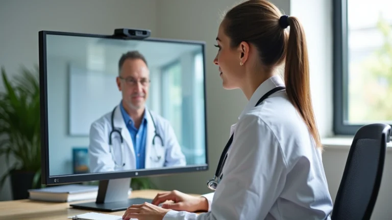Professional female doctor conducting virtual telehealth consultation on computer with patient visible on screen, modern medical office background, natural lighting