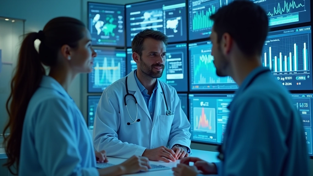 Healthcare provider team reviewing patient data on digital health dashboard, multiple monitors displaying health metrics and