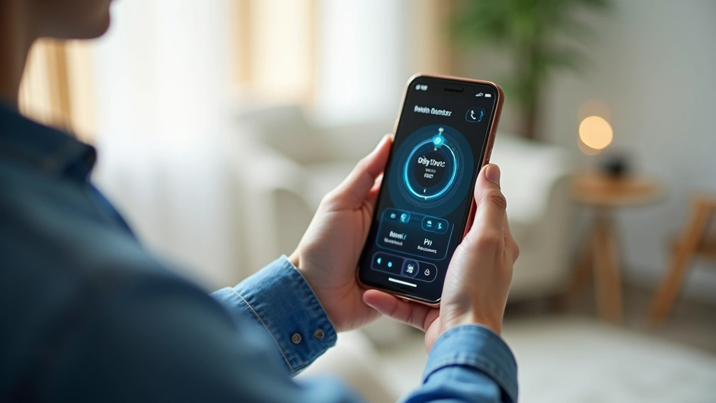 Patient using mobile app for remote health monitoring, holding smartphone with health tracking interface, comfortable home en