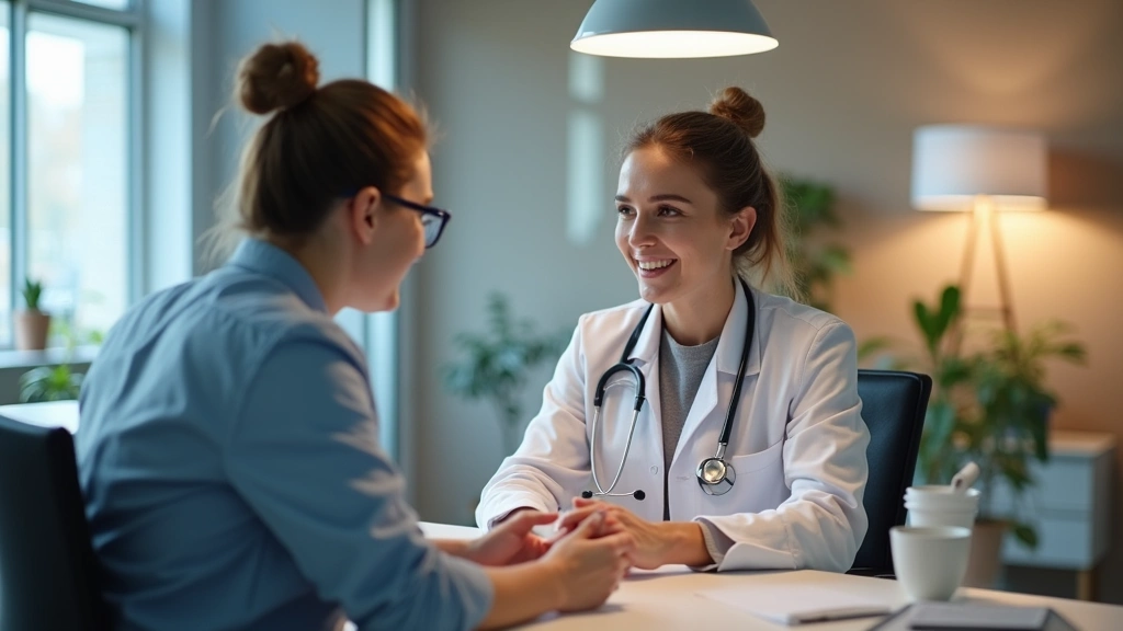 Professional healthcare provider conducting patient consultation in modern clinic setting, patient sitting across desk, warm lighting, compassionate interaction, no text visible