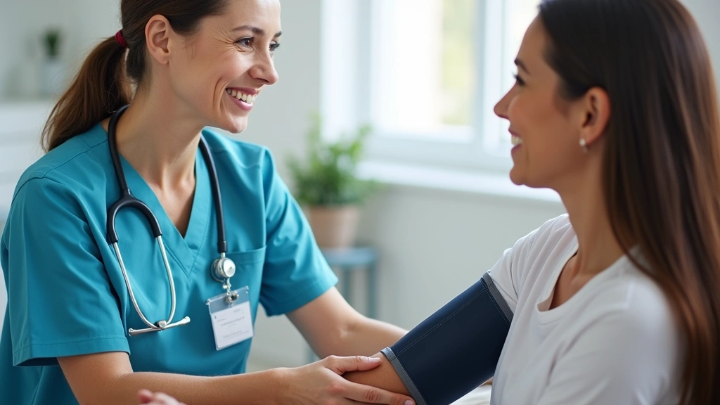 Medical assistant performing routine health screening with blood pressure cuff on patient arm, clinical environment, professi