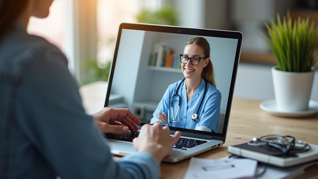 Patient using laptop for virtual telehealth appointment with healthcare provider on screen, home setting, comfortable environ