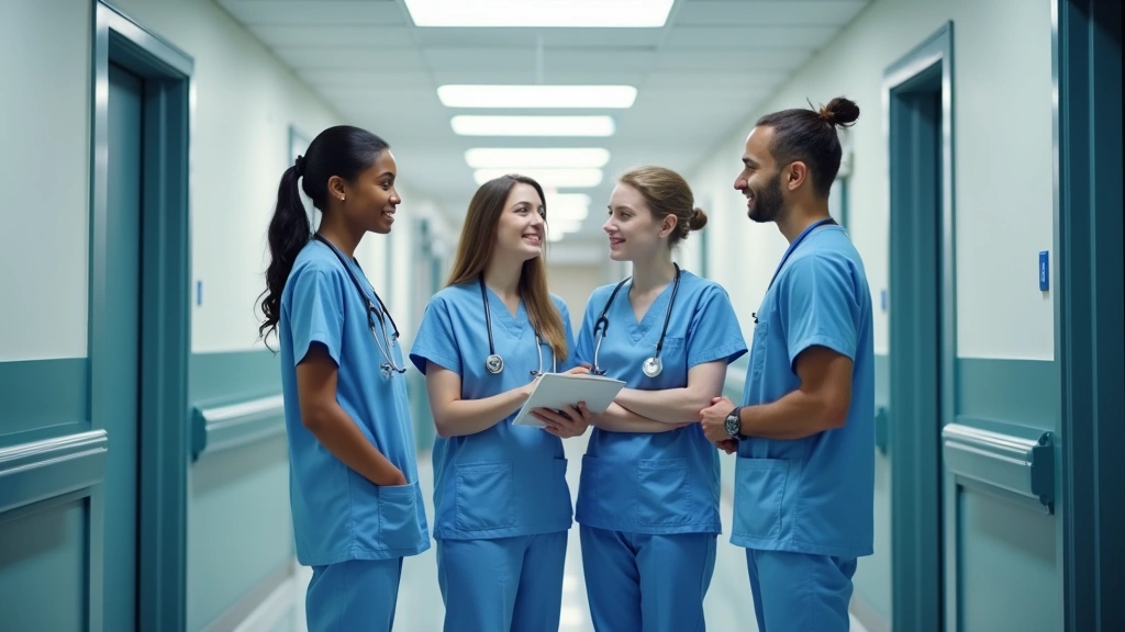 Healthcare professionals collaborating in a modern hospital hallway, diverse medical team in scrubs discussing patient care, bright clinical environment with natural lighting