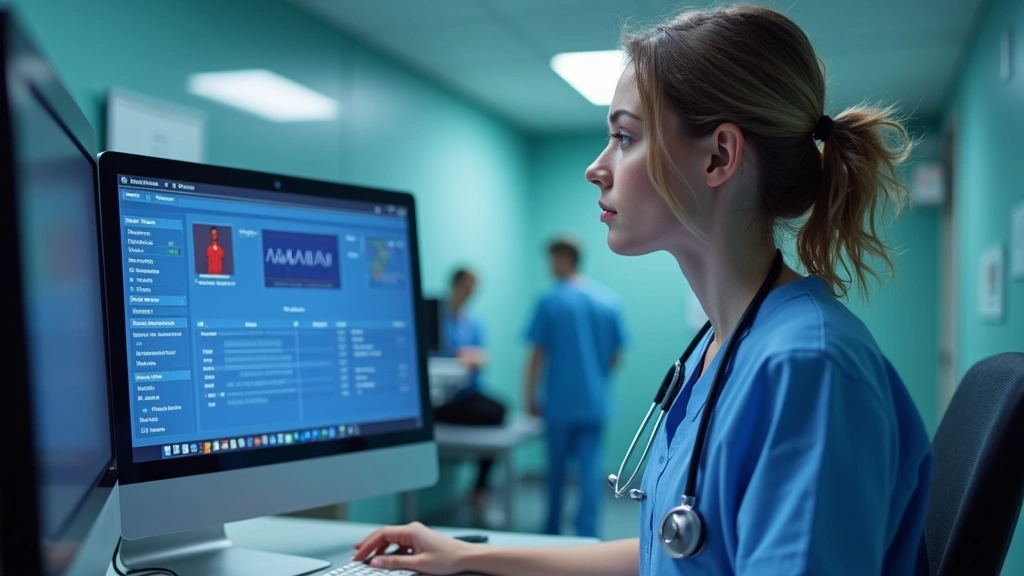 Young nurse or healthcare worker reviewing patient information at a computer workstation, focused professional in clinical se