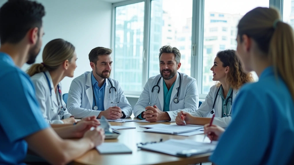 Medical team in a hospital conference room during staff meeting, diverse healthcare professionals collaborating on care strat