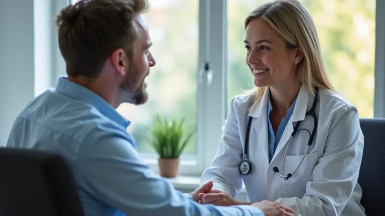 Professional gastroenterologist in white coat consulting with patient in modern medical office, warm lighting, compassionate interaction, healthcare setting