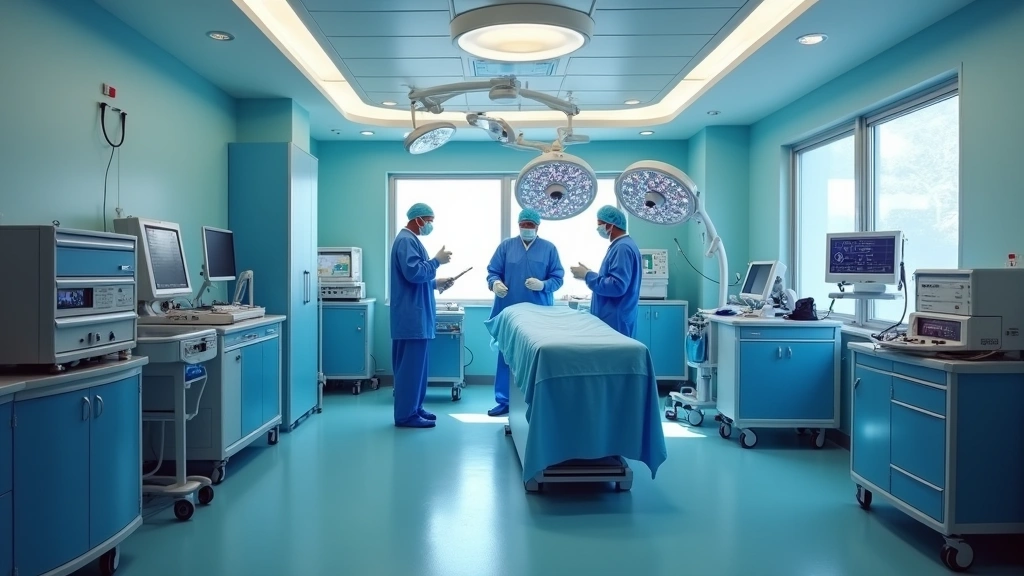 Endoscopy procedure room with advanced diagnostic equipment, sterile medical environment, professional medical staff preparin