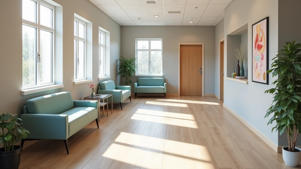 Patient waiting area in digestive health clinic, comfortable seating, welcoming medical office design, clean professional hea