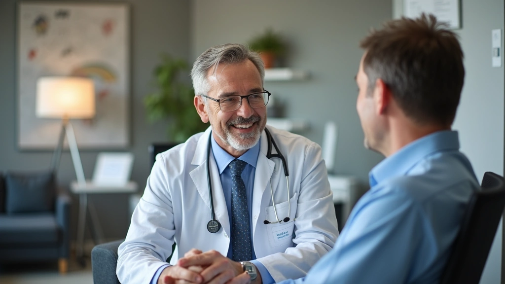 Board-certified gastroenterologist in white coat consulting with patient in modern medical office, professional healthcare setting, warm lighting, focused conversation