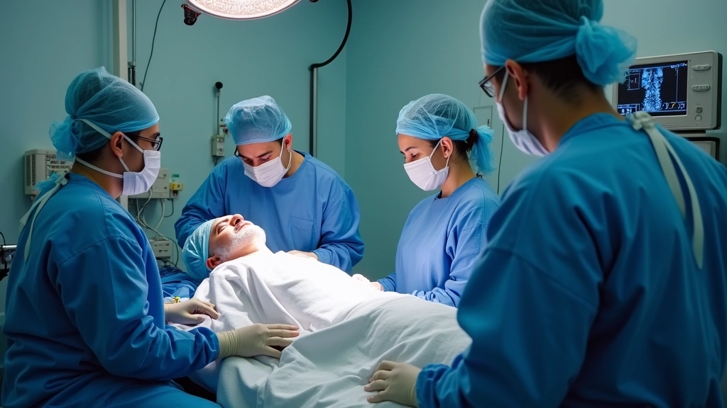 Patient undergoing colonoscopy procedure in endoscopy suite with trained medical staff monitoring equipment, sterile clinical