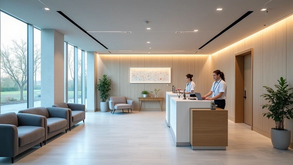 Modern medical office reception area with welcoming staff at desk, comfortable waiting room, professional healthcare facility