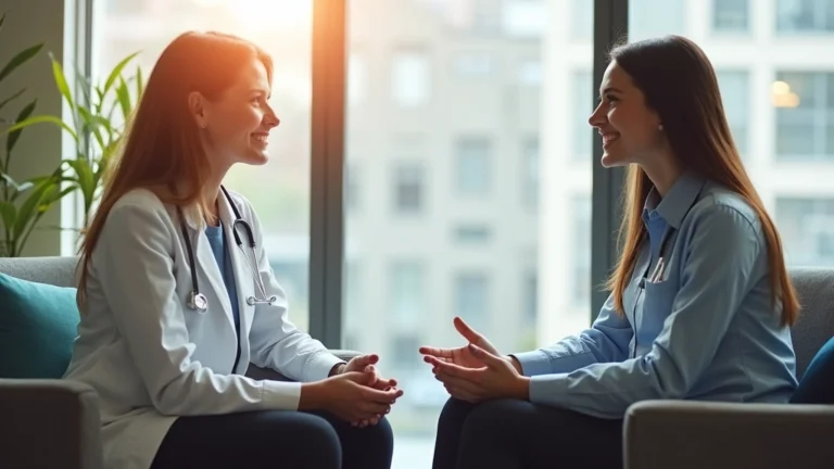 Professional therapist conducting individual counseling session with patient in modern mental health clinic, natural lighting, compassionate interaction, no visible text