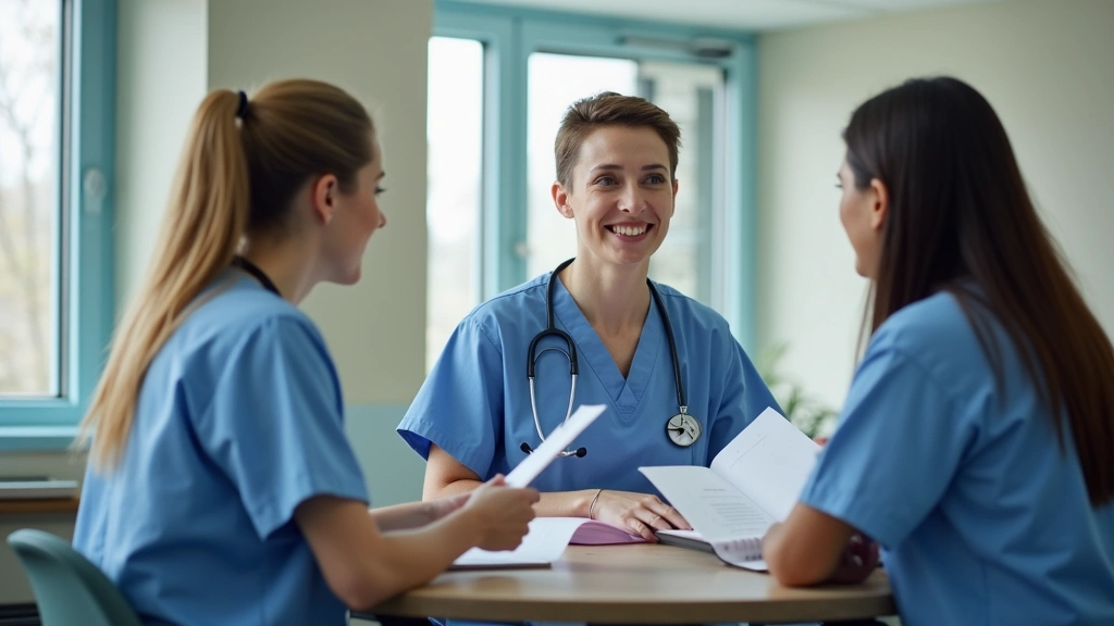 Medical staff reviewing patient records in behavioral health facility intake area, professional healthcare setting, collabora