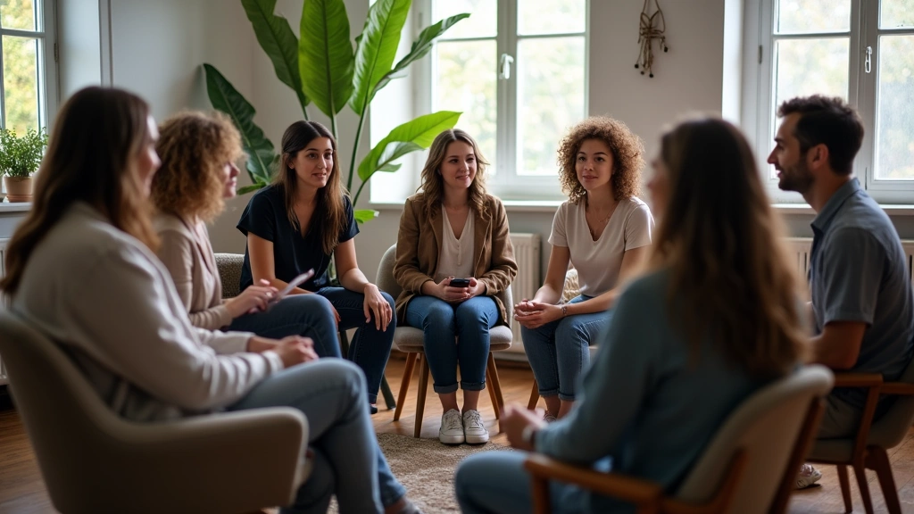 Group therapy session with diverse participants in supportive mental health treatment environment, circle seating arrangement