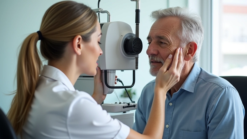 Professional female audiologist conducting comprehensive hearing evaluation on mature male patient using advanced diagnostic audiometer equipment in modern medical clinic setting